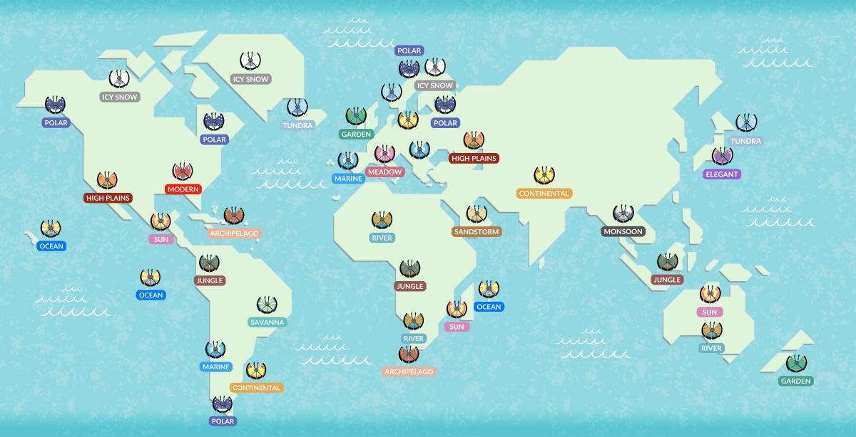 A map showing different Vivillon patterns.